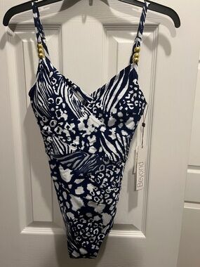 Beyond Navy & White Animal-Print One-Piece Swimsuit with Gold Bead Straps